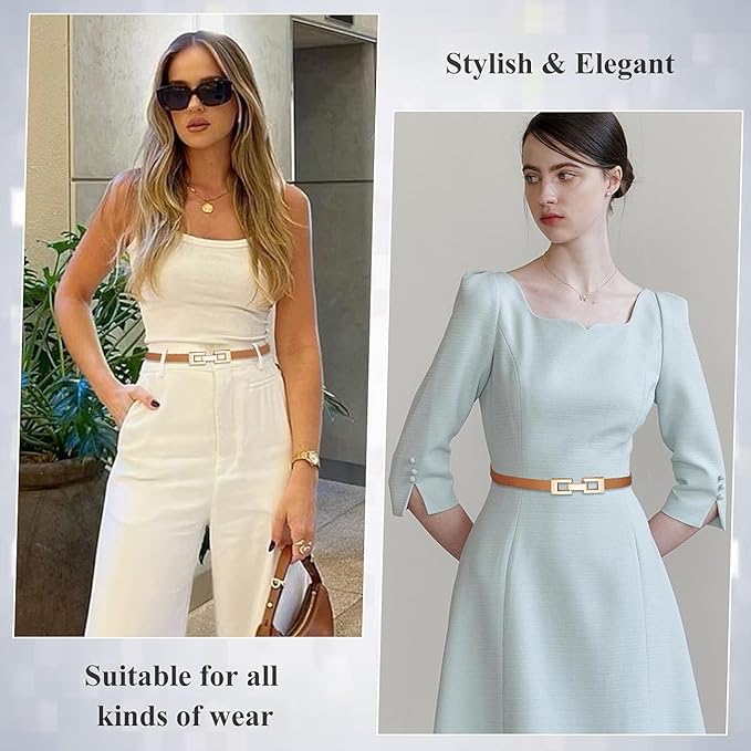 Glamorstar Skinny Belts for Women Thin PU Leather Waist Belt with Gold Buckle for Dresses