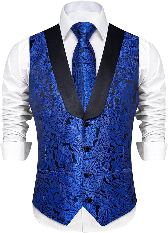 DiBanGu Mens Paisley Suit Vest Silk Jacquard Waistcoat and Necktie Set Formal Shawl Collar Dress Vest 7PCS for Wedding Party
