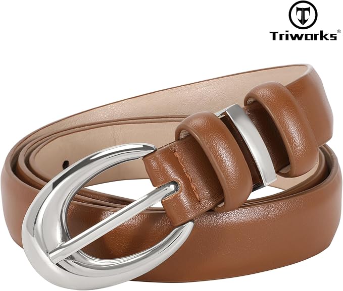 TRIWORKS Women Leather Belt for Jeans Pants Fashion Ladies Skinny Faux Leather Dress belt with Gold Buckle
