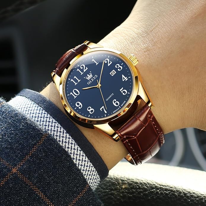 OLEVS Mens Watches Vintage Leather Band Dress Classic Easy Reader Arabic Numerals Analog Quartz Waterproof Date and Day Blue/Black/White Large Face Men's Wrist Watches