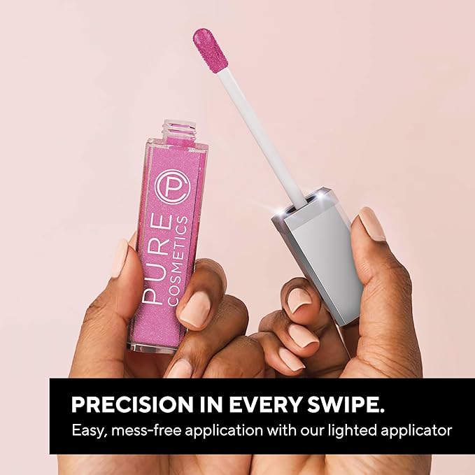 Pure Illumination Light-Up Lip Gloss with LED-Lit Applicator Brush + Side Mirror, Non-Sticky, Moisturizing Hydrating Lip Glosses with Lanolin, Jojoba Oil, & Vitamin E, Cosmic Latte