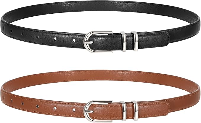 2 Pack Women Skinny Leather Belts for Jeans Pants Thin Faux Leather Belt with Gold Buckle