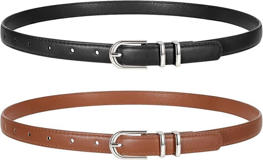 2 Pack Women Skinny Leather Belts for Jeans Pants Thin Faux Leather Belt with Gold Buckle
