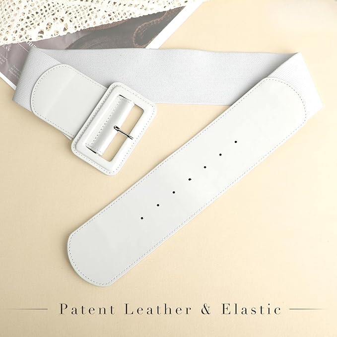 Wide Patent Leather Cinch Belt - Fashion Square Buckle Waist Belt for Dresses and Coats