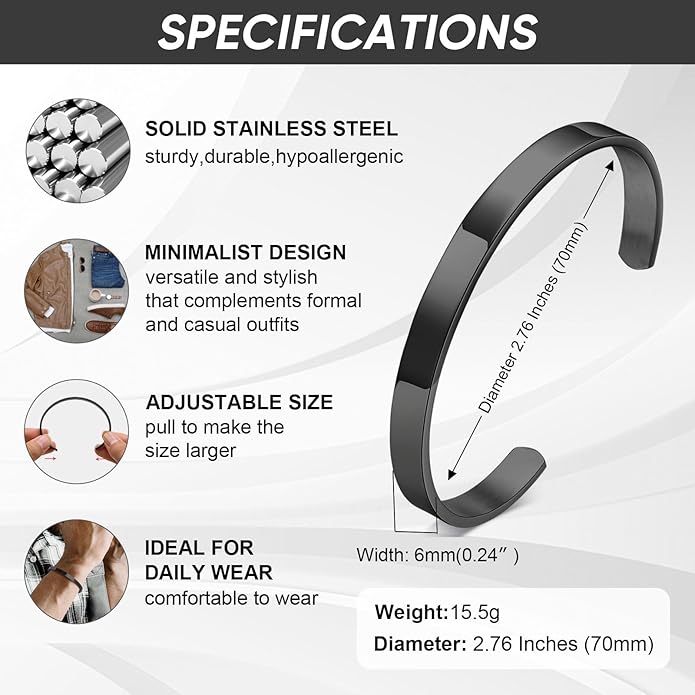 MEALGUET Stainless Steel Mens Cuff Bracelet : Minimal Cool Silver/Black/Gold Plated Open Metal Cuff Bangle Bracelets for Men,Mens Bracelet Jewelry Gift