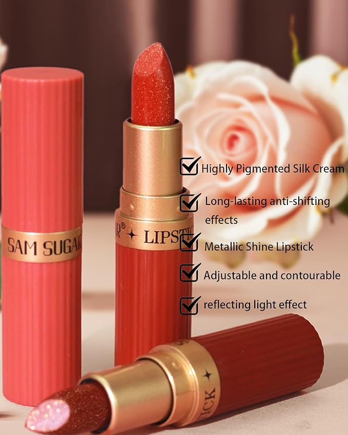Ruby Red Sparkling Glitter Lipstick, Long Lasting Shimmer Metallic Lipstick for Women Glitter Nude Waterproof Lip Gloss, Diamond Shiny Non-Stick Lipgloss Liptint Blam Lip Color labiales Makeup Gift-02