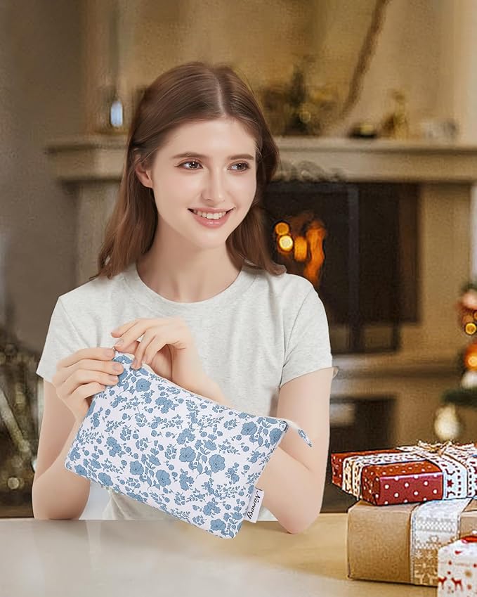 Narwey Small Makeup Bag for Purse Travel Makeup Pouch Cosmetic Bag Zipper Pouch Bags for Women (Little Blue Flower)