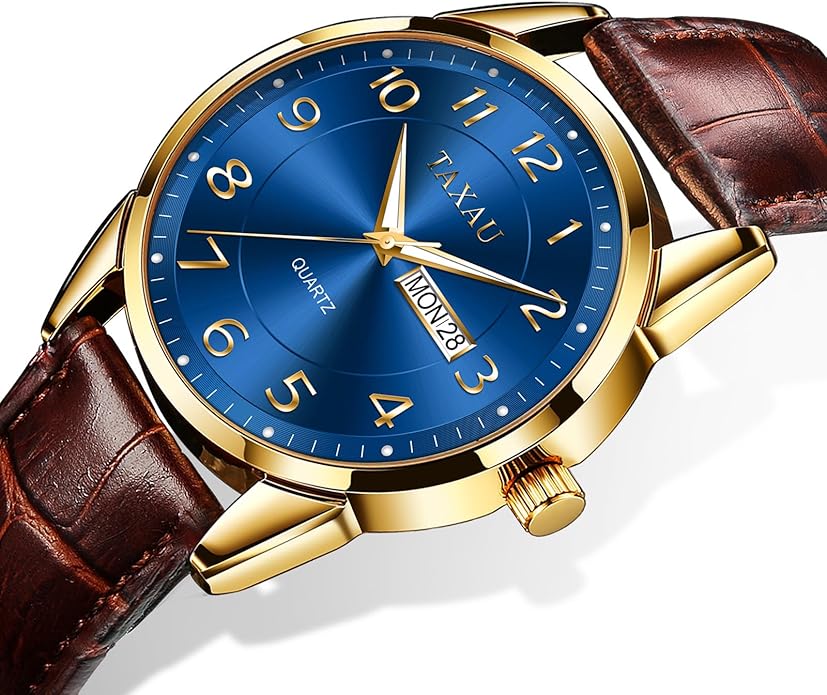 Men's Watch Big Face Easy Read Arabic Numeral Dress Watches for Men Classic Black Brown Leather Band Analog Mens Wrist Watch with Day and Date Fashion Business Waterproof Luminous Quartz Watch