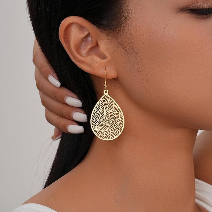 Large Gold Earrings for Women, Chunky Gold Statement Drop Dangle Earring Maple Leave Ginko Leaf Jewelry Gifts