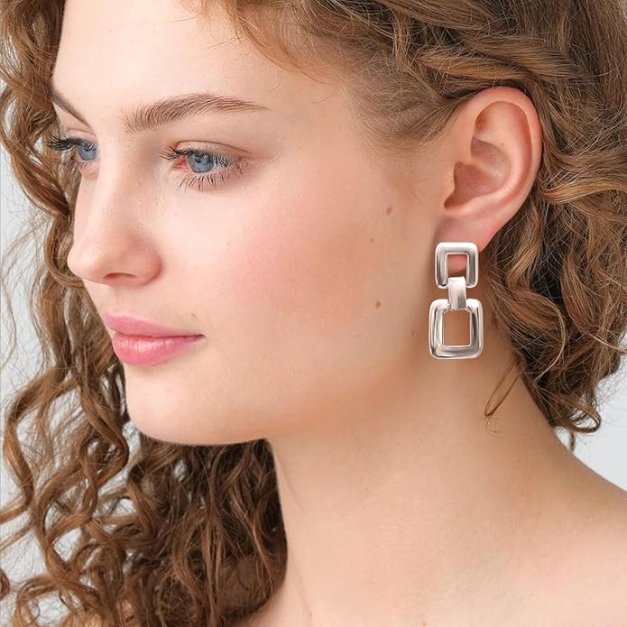 MUYAN Gold Silver Geometric Drop Dangle Earrings for Women Brushed Link Square Dangle Earrings Trendy Jewelry