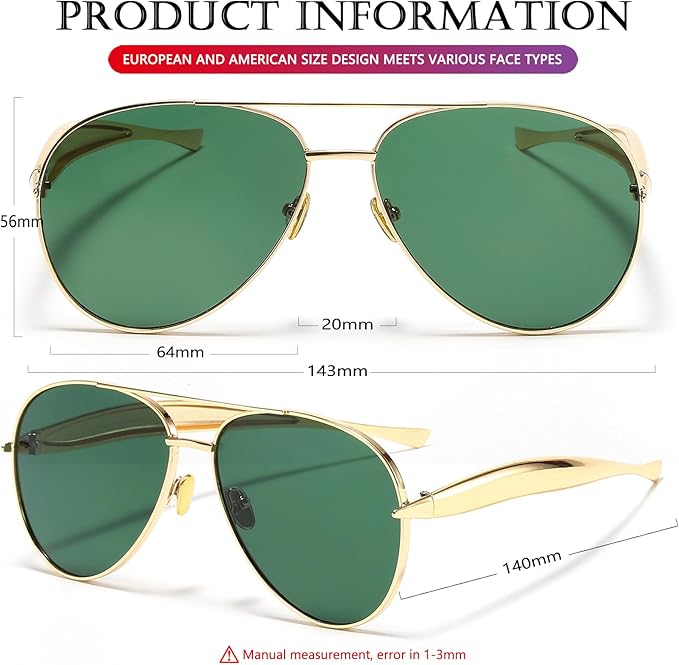AIEYEZO Gold Aviator Sunglasses for Women Men Oversized Thick Frame Sun Glasses Fashion Retro Sardine Pilot Shades