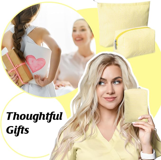 2 Pieces Makeup Bag Set Cute Cosmetic Pouch for Women Seersucker Travel Toiletry Bag Preppy Small Makeup Purse Pouch Aesthetic Skincare Brushes Storage Organizer for Christmas Women(Yellow)