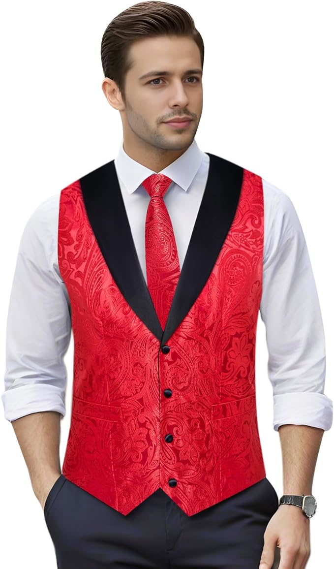 DiBanGu Mens Paisley Suit Vest Silk Jacquard Waistcoat and Necktie Set Formal Shawl Collar Dress Vest 7PCS for Wedding Party