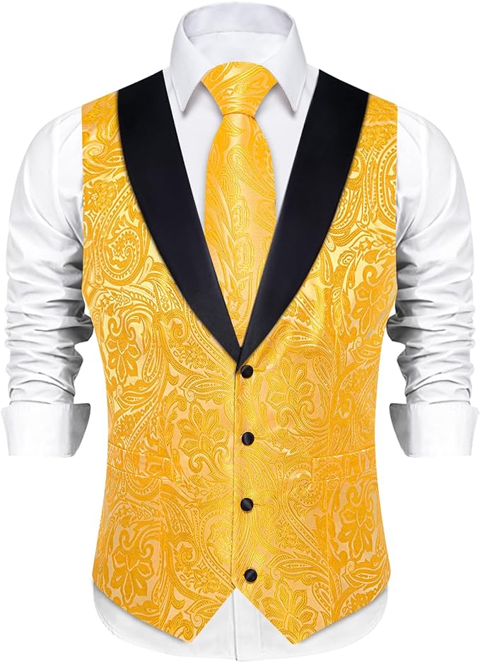 DiBanGu Mens Paisley Suit Vest Silk Jacquard Waistcoat and Necktie Set Formal Shawl Collar Dress Vest 7PCS for Wedding Party