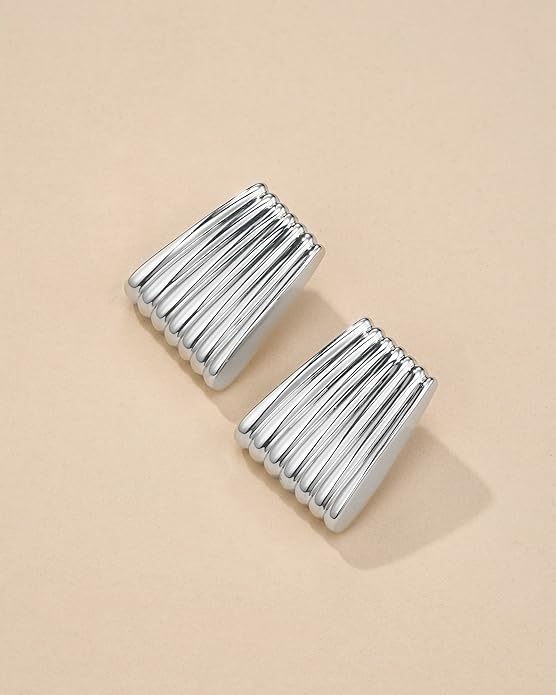 18K gold plated Chunky Statement Earrings for Women by SNGIA, Small Handmade Trendy Stud Ribbed Jewelry Gifts, Rectangle Huggies Fashion Button Accessories, Vintage Thick Square Nickle Free Huggie Earring.