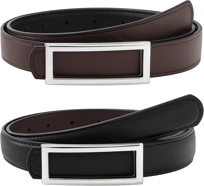 AWAYTR Women Reversible Leather Belt - Two-in-One Women Fashion Skinny Belt for Jeans with Golden Buckle