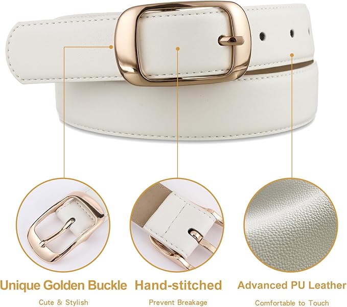 Womens White Belts with Gold Buckle Leather Belts for Women Ladies Fashion Waist Belt