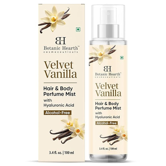 Botanic Hearth Velvet Vanilla Hair & Body Perfume Mist with Hyaluronic Acid, Alcohol-Free Formula, Long Lasting Fresh Vanilla Scent, Lightweight Body Spray for Women & Men, 3.4 fl oz / 100 ml