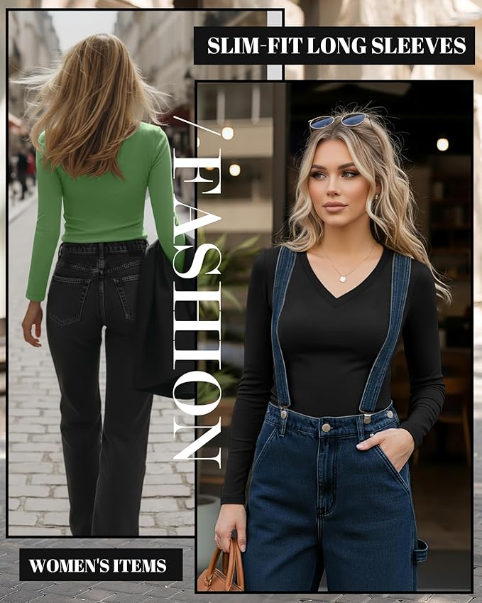 Ficerd 3 Pack Women's Long Sleeve Shirts, V Neck Basic Tees Slim Fitted Casual Fall Tops Going Out Blouses T Shirts