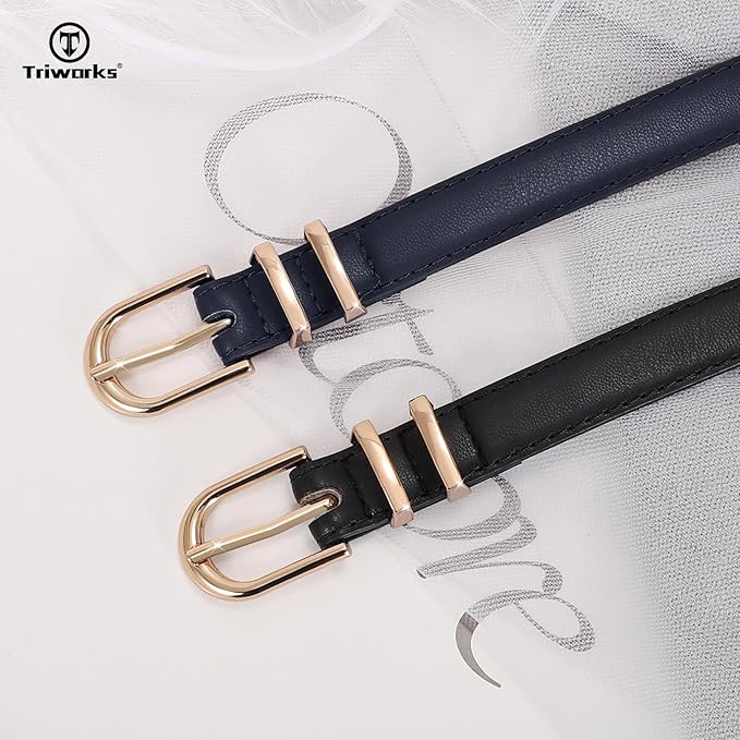 2 Pack Women Skinny Leather Belts for Jeans Pants Thin Faux Leather Belt with Gold Buckle
