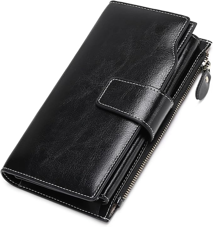 Women's Retro Long Wallet Genuine Leather RFID Blocking Large Capacity Clutch Purse in Brown (Black)