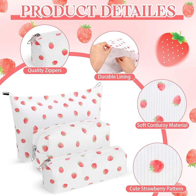 3 Pcs Makeup Bag Set for Women Corduroy Cosmetic Pouch Aesthetic Smile Travel Toiletry Bag Cute Purse Pouch Pencil Case Makeup Brushes Storage Organizer for Christmas (White, Strawberry)