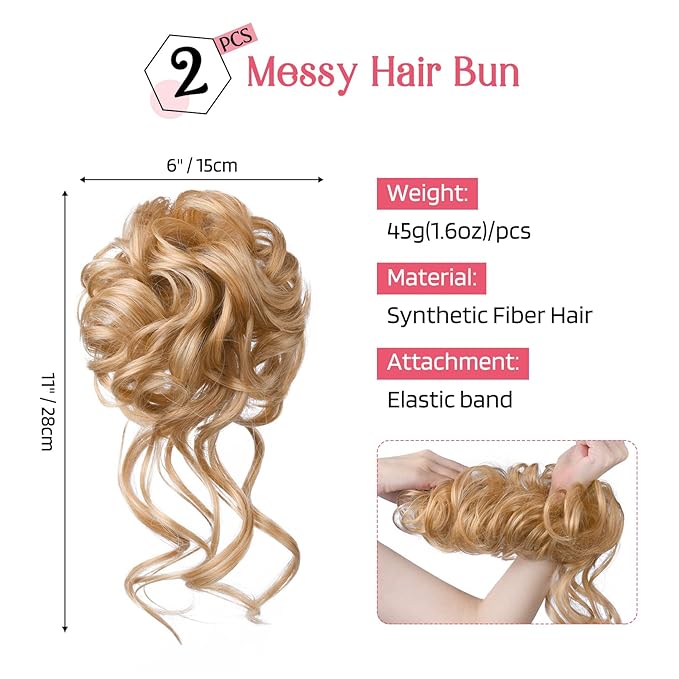HOOJIH 2PCS Messy Bun Hair Piece, Tousled Updo with Tendrils Hair Bun Extensions Wavy Curly Hair Wrap Ponytail Hairpieces Hair Scrunchies for Women HB010 Dasiy - Golden Blonde…