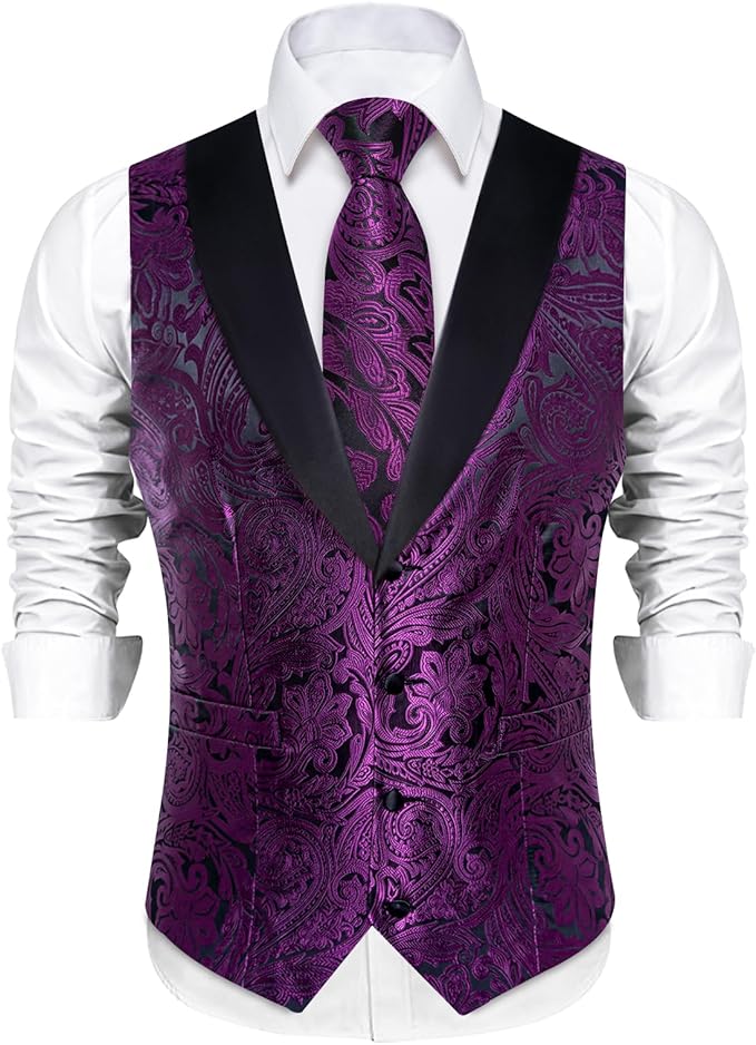 DiBanGu Mens Paisley Suit Vest Silk Jacquard Waistcoat and Necktie Set Formal Shawl Collar Dress Vest 7PCS for Wedding Party