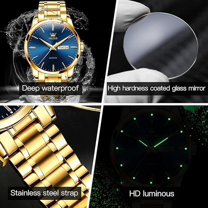 OLEVS Classic Men Watches with Date,Stainless Steel Man Watch with Date, Bussiness Watches for Men,Luminous Quartz Mens Watches Black/White/Blue/Gold, Waterproof Male Watch with Week