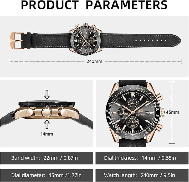 BY BENYAR Watch for Men Analog Quartz Chronograph Waterproof Luminous Designer Mens Wrist Watches Business Work Sport Casual Dress Watch with Silicone Strap Elegant Gifts for Men