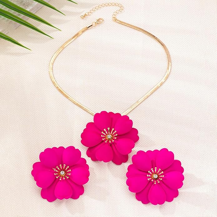 Vintage Flower Necklace Earring Set Gold Snake Chain Necklace Bohemian Red Flowers Choker Necklaces Hypoallergenic Statement Flower Stud Earrings Elegant Bridal Wedding Summer Beach Jewelry