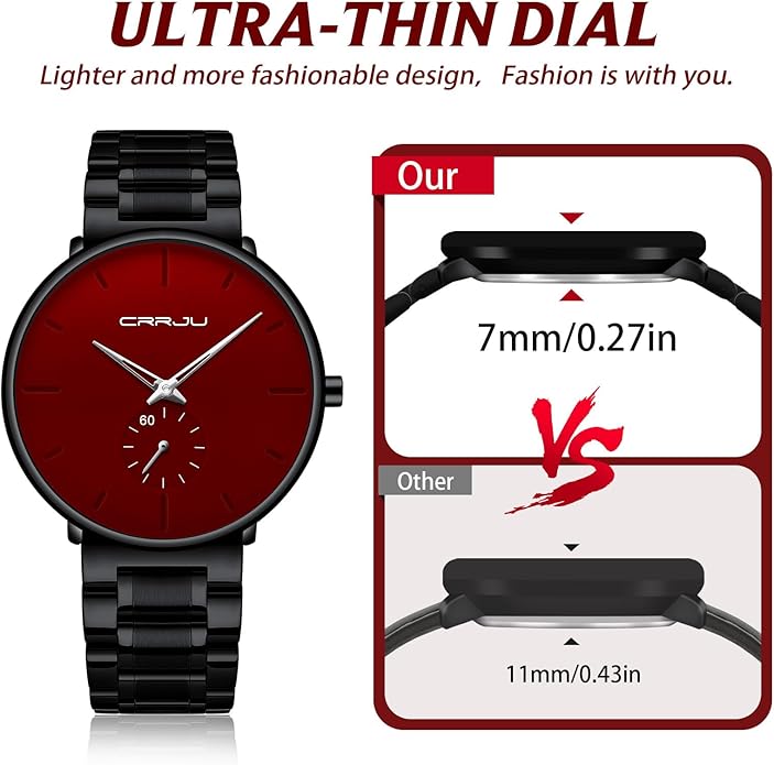 Mens Watches Ultra-Thin Minimalist Waterproof-Fashion Wrist Watch for Men Unisex Dress with Stainless Steel Mesh Black Red