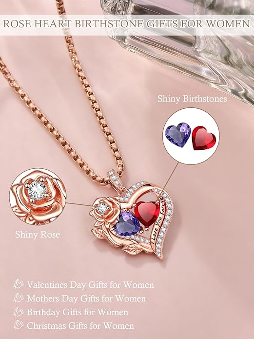 Rose Heart Necklaces for Women, Rose Gold Forever Love Jewelry with 2 Birthstones Pendant, Christmas Anniversarry Birthday Gifts for Her Wife Mom Grandma, 18+2 Inch Chain