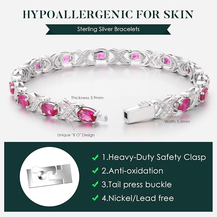 Iefil Oval Birthstone Tennis Bracelets for Women Wife, Unique X O Design Fine Jewelry Valentine's Day Gift Anniversary Birthday Gift 925 Sterling Silver Birthstone Jewelry for Mom Girlfriend Her