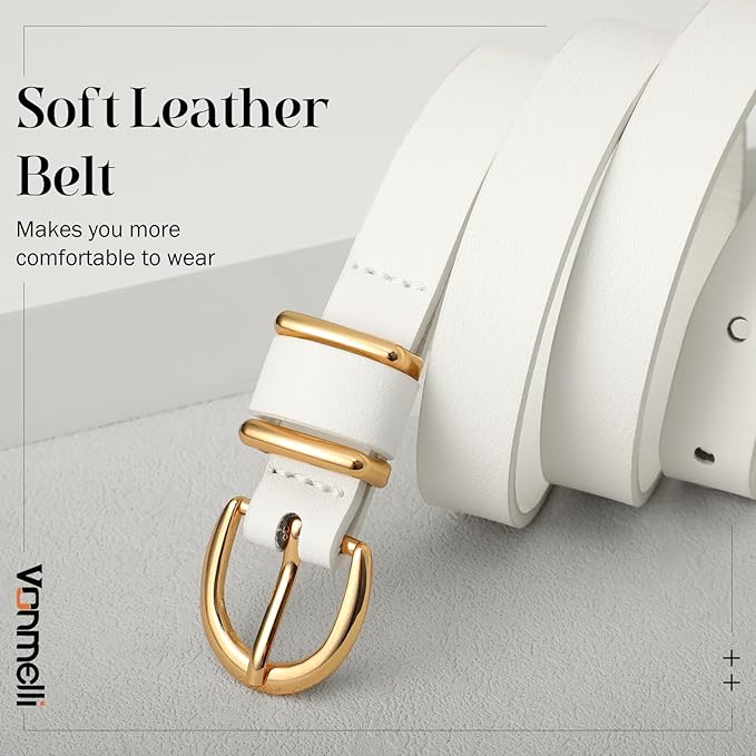 VONMELLI Womens Skinny Leather Belt Thin Waist Belts for Women Fashion Dress Jeans with Gold Buckle