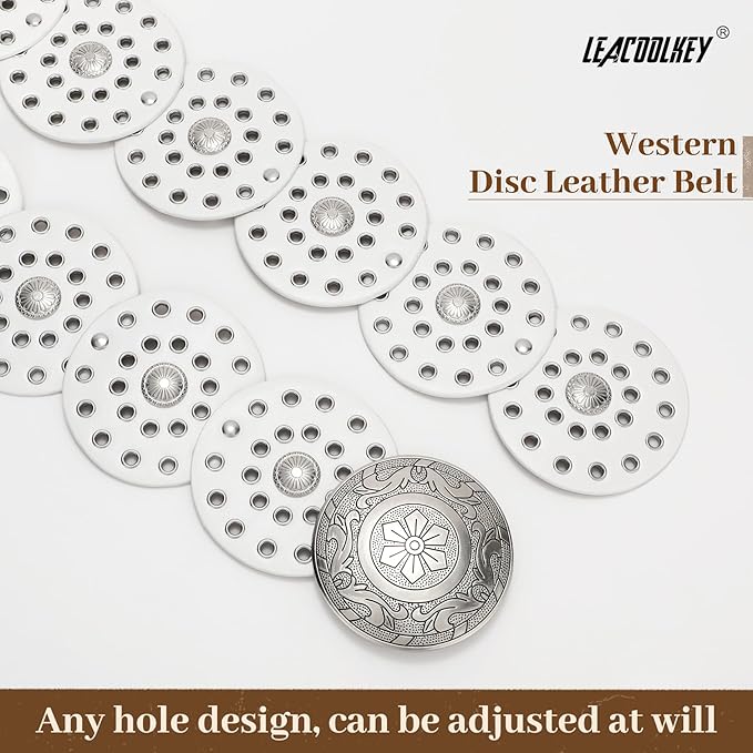 LEACOOLKEY Women's Boho Disc Belt Wide Western Leather Belt Vintage Concho Waist Belts for Dress Jeans