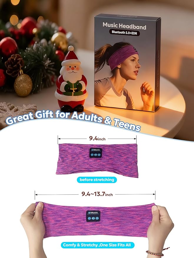 Bluetooth Headband Headphones, Sleep Headphones for Side Sleepers & Sports, Washable & Wireless Music Headband with Secure Fit for Running, Workout, Gym, Yoga - Great Gift