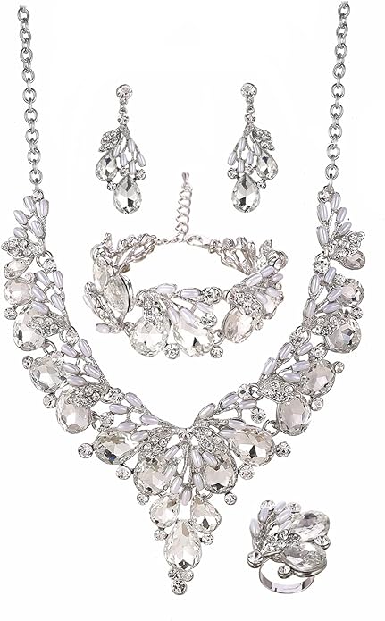 Jewelry Set for Women, Statement Necklace Dangle Earrings Bracelet Ring, White/KC Gold Plated Jewelry Set with Rhinestone Pearl Crystal Wedding Party Jewelry for Bridal Bridesmaid