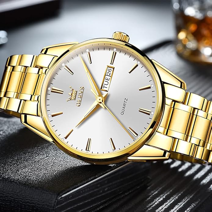 OLEVS Classic Men Watches with Date,Stainless Steel Man Watch with Date, Bussiness Watches for Men,Luminous Quartz Mens Watches Black/White/Blue/Gold, Waterproof Male Watch with Week