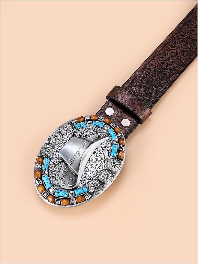 Women's Floral Embroidery Genuine Leather Belt Vintage Square Buckle