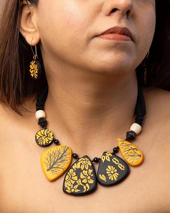 Handmade Terracotta Necklace & Earrings Set – Boho Statement Jewelry with Yellow Floral Design – Eco-Friendly Ethnic Jewelry Gift for Women & Festivals
