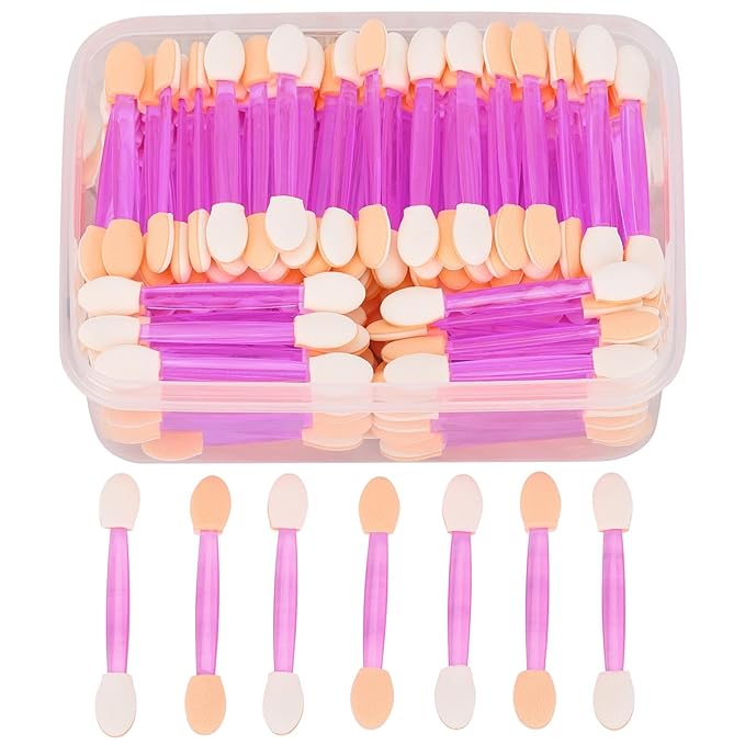 150 Eye Shadow Applicator Disposable Foam Makeup Brush Sponge Tipped Oval Eyeshadow Applicators Dual Sides with Container, Purple