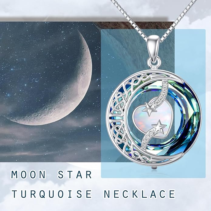 TOUPOP Birthstone Necklace 925 Sterling Silver Moon and Star Pendant with Blue Crystal Celtic Moon Jewelry Birthday Valentines Day Gifts for Women Mom Wife Her