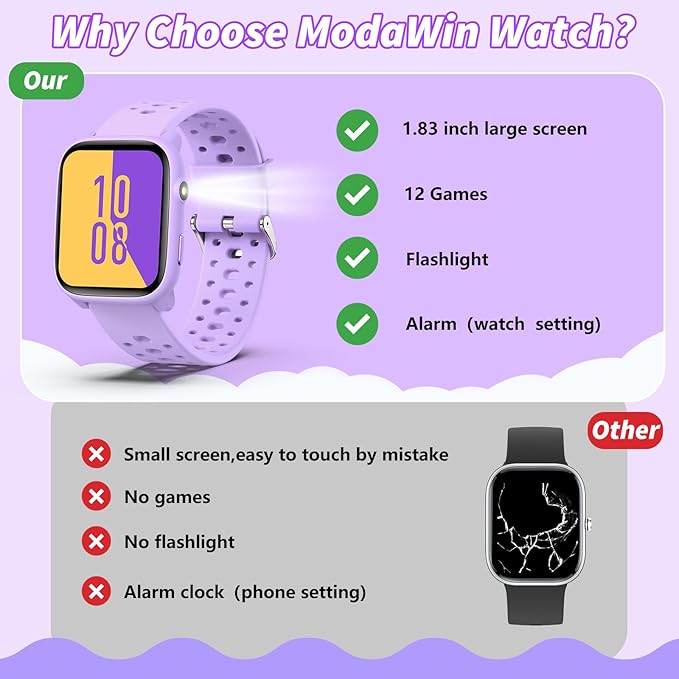 Smart Watch for Kids, 1.83" Fitness Tracker Watch Pedometer, Heart Rate, Sleep Monitor, IP68 Waterproof, Pedometer, Puzzle Games with/Without APP for Girls Boys Teens 6-16