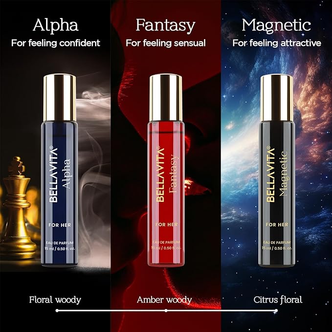 BellaVita Luxury Mood Collection Gift Set (3x15ml) for Women | Pheromone Inspired Technology Long Lasting Fragrance | Includes Alpha, Fantasy & Magnetic Perfumes | Pink Pepper, Benzoin and Jasmine