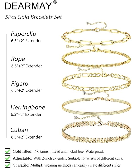 DEARMAY Gold Bracelets for Women Waterproof, 14K Gold Plated Jewelry Sets Trendy Thin Dainty Stackable Cuban Link Paperclip Chain Bracelet Pack Fashion Accessories Gifts for Womens