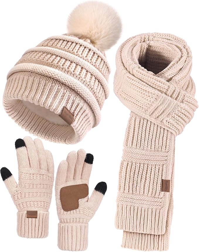 Remifa Winter Beanie Hat Scarf Gloves Set for Women, Slouchy Pom Pom Hat Long Knit Scarf Touchscreen Gloves Christmas Gifts