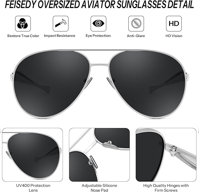 FEISEDY Oversized Aviator Sunglasses Women Men - Retro Gold Metal Chunky Frame, UV400 for Driving & Daily Wear B0311