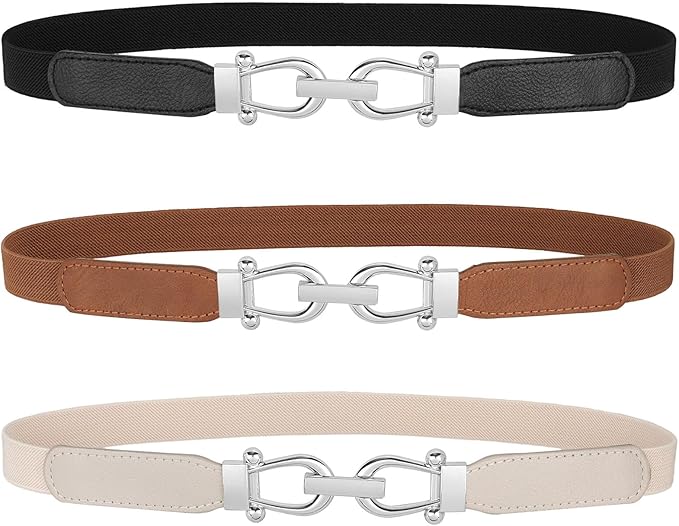 JASGOOD Women Skinny Elastic Belt for Dresses,Thin Retro Stretch Waist Belt with Golden Buckle