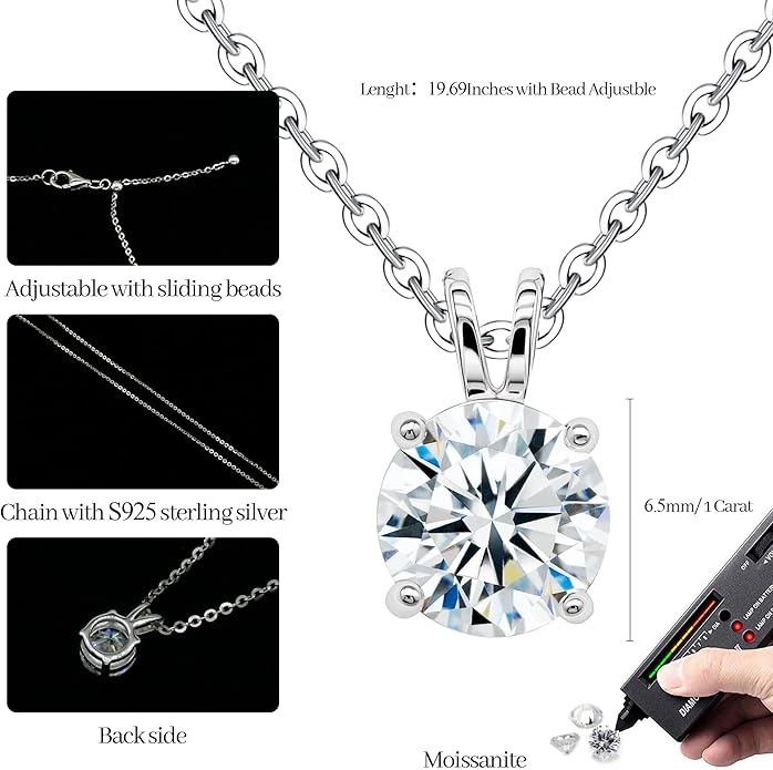 Moissanite 925 Sterling Silver Pendant Necklace 0.5-1 Carat Round Pear Cut, Dainty Elegent D Color Dancing Style with Bead Adjustable Chain Necklace for Women